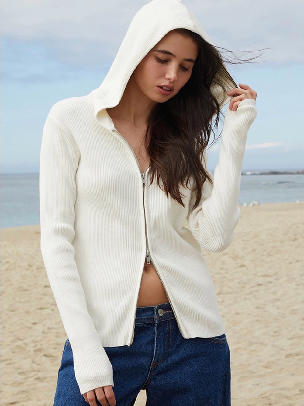 John Galt White Double Zip Sweater